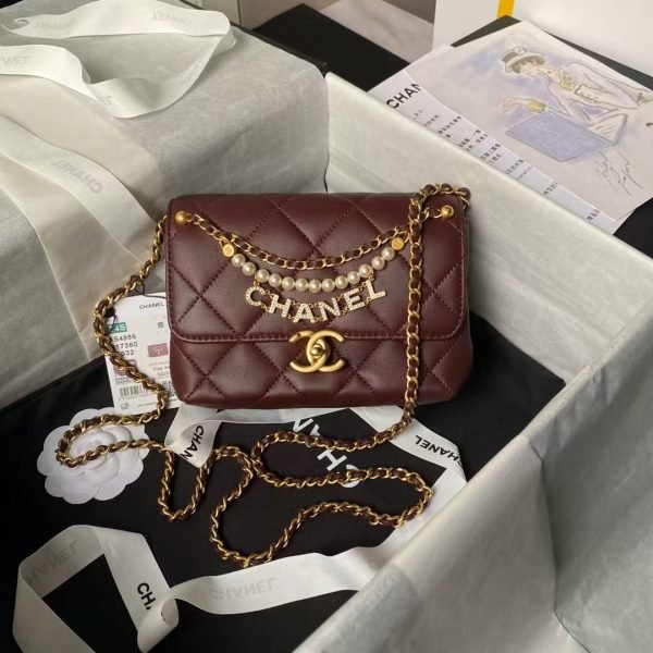 Chanel AS4986 Mini Flap Bag Shiny Lambskin Imitation Pearls & Gold-Tone Metal Wine Red AS4986  product photo 1