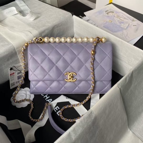 Chanel AS4997 Flap Bag With Top Handle Shiny Lambskin Imitation Pearls & Gold-Tone Metal Purple product photo 1