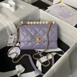 Chanel AS5001 Mini Flap Bag Top Handle Shiny Lambskin Faux Pearl & Gold Metallic Purple AS5001 product photo 1