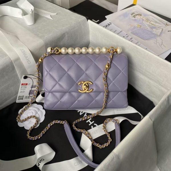 Chanel AS5001 Mini Flap Bag Top Handle Shiny Lambskin Faux Pearl & Gold Metallic Purple AS5001 product photo 1