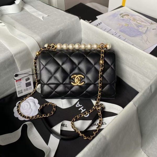 Chanel AS5001 Mini Flap Bag Top Handle Shiny Lambskin Imitation Pearl & Gold Metal Black AS5001 product photo 1