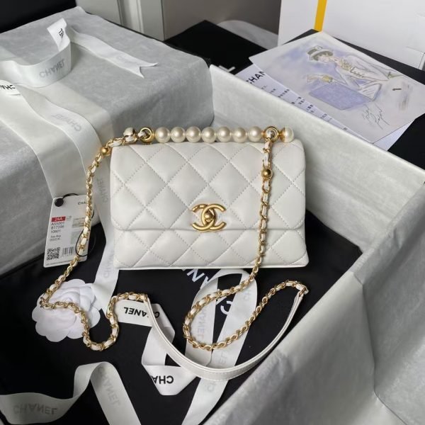 Chanel AS5001 Mini Flap Bag Top Handle Shiny Lambskin Imitation Pearl & Gold Metal White AS5001 product photo 1
