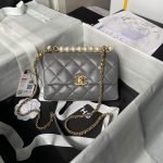 Chanel AS5001 Mini Flap Bag Top Handle Shiny Lambskin Imitation Pearl & Gold Metallic Grey AS50 product photo 1