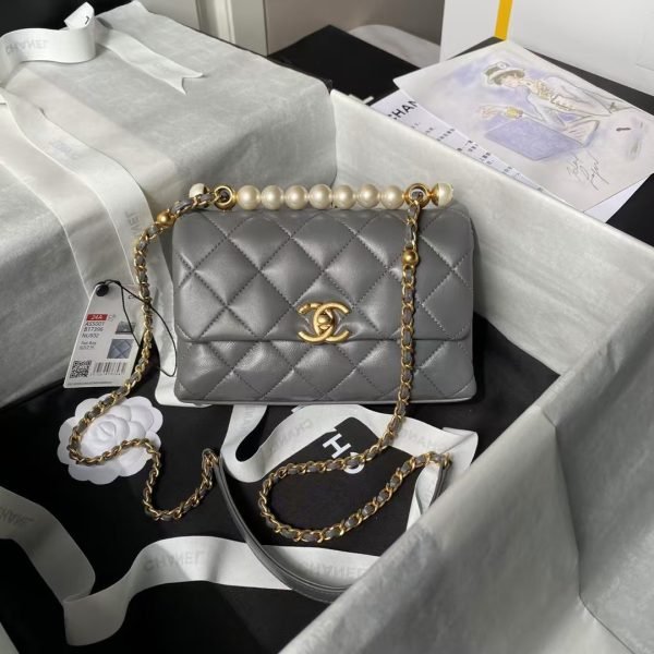Chanel AS5001 Mini Flap Bag Top Handle Shiny Lambskin Imitation Pearl & Gold Metallic Grey AS50 product photo 1