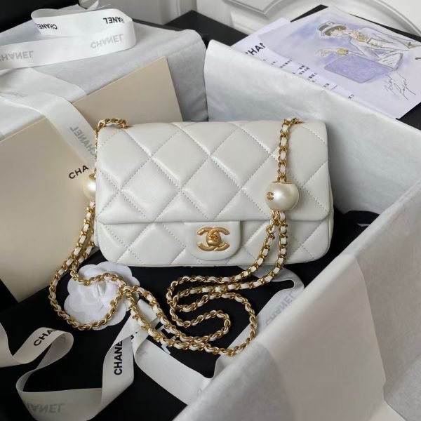Chanel AS4861 Small Flap Bag Pearl Lambskin Faux Pearl & Gold Metal White