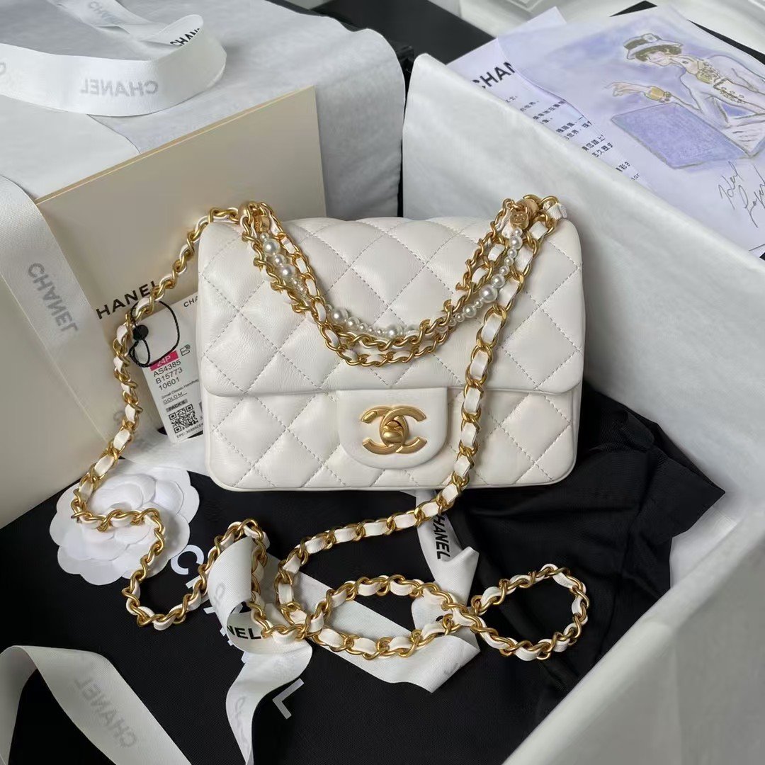 Chanel AS4385 Mini Flap Bag Pearl Lambskin Faux Pearl & Gold Metal White AS4385 u767d product photo 1