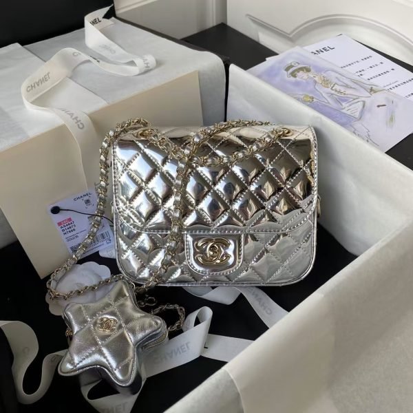 Chanel AS4647 Mini Flap Bag With Star Coin Purse Metallic Calfskin & Gold Metallic Silver