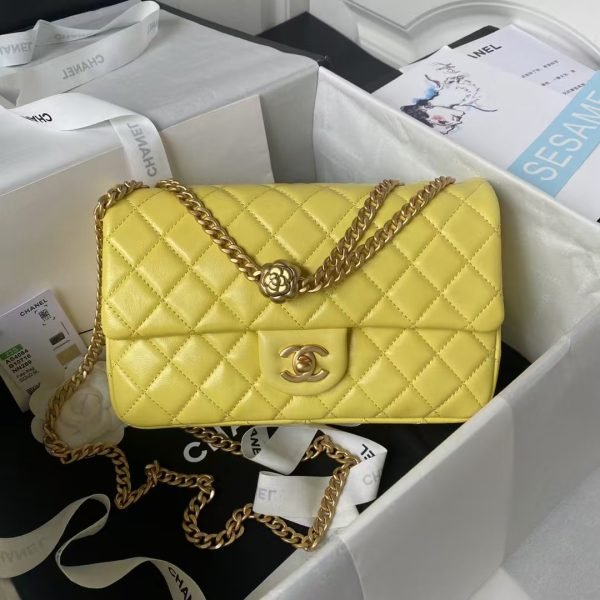 Chanel 23S AS4064 Camellia Embossed Chain Lambskin Flap Bag Yellow AS4064 u9ec4u8272 product photo 1