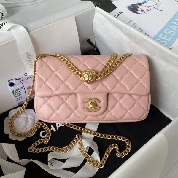 Chanel 23S AS4041 Mini Camellia Embossed Rectangular Flap Bag Antique Gold Metal Hardware Light product photo 1