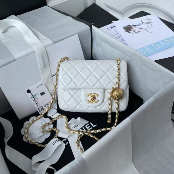 Chanel 23C AS1786 Mini Square Pearl Embossed Flap Bag Antique Gold Hardware White