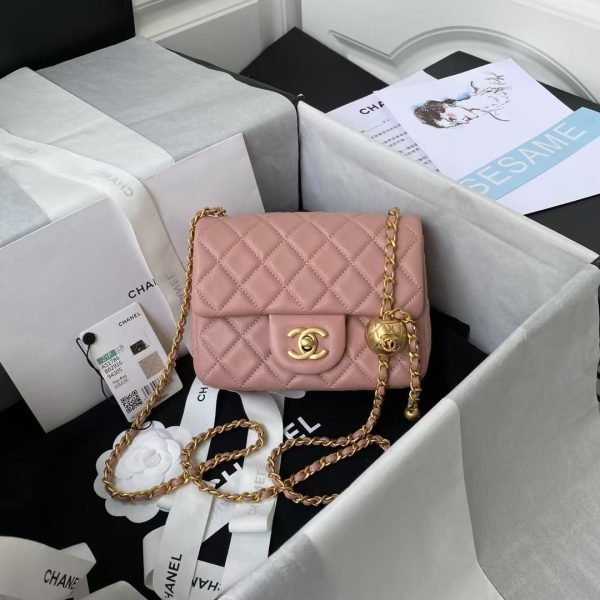 Chanel 23C AS1786 Mini Square Pearl Embossed Flap Bag Antique Gold Hardware Dark Pink AS1786 u product photo 1