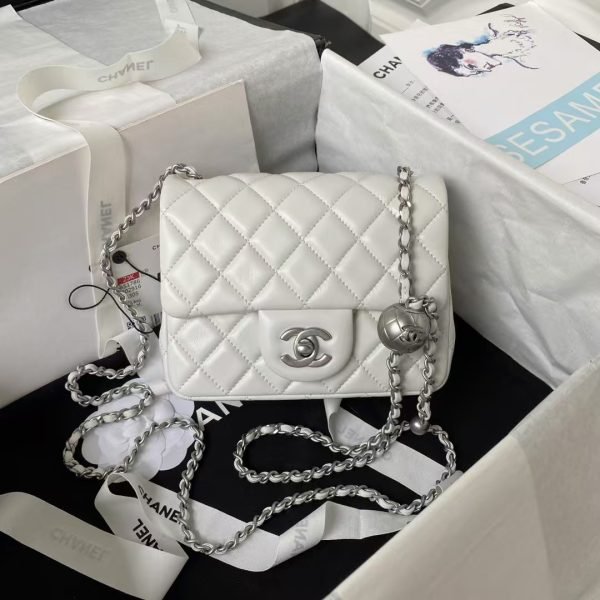 Chanel 23C AS1786 Mini Square Pearl Embossed Flap Bag Antique Silver Hardware White AS1786 u76 product photo 1