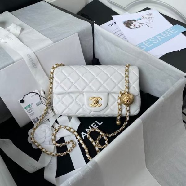 Chanel 23K AS1787 Mini Pearl Embossed Rectangular Flap Bag Lambskin Brushed Metal Hardware Whit product photo 1