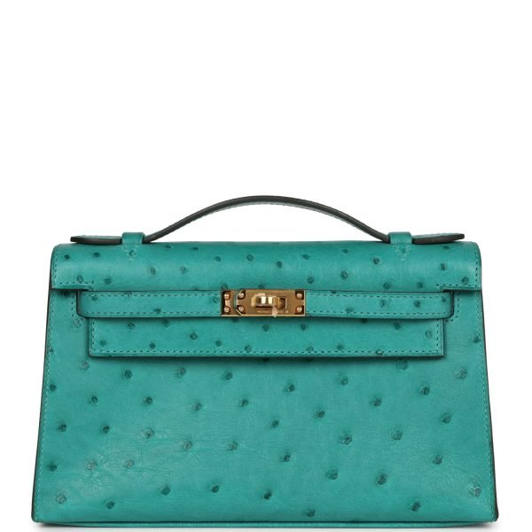 Hermes Kelly Pochette Vert Verone Ostrich Gold Hardware 71354 product photo 1