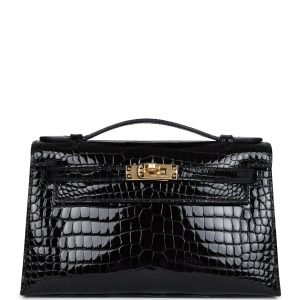 Hermes Kelly Pochette Black Shiny Porosus Crocodile Gold Hardware 72709 product photo 1