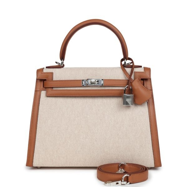 Hermes Kelly Sellier 25 Gold Swift And Ecru Toile Palladium Hardware 72035 product photo 1
