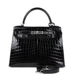 Hermes Kelly Sellier 28 Black Shiny Niloticus Crocodile Palladium Hardware 72963 product photo 1