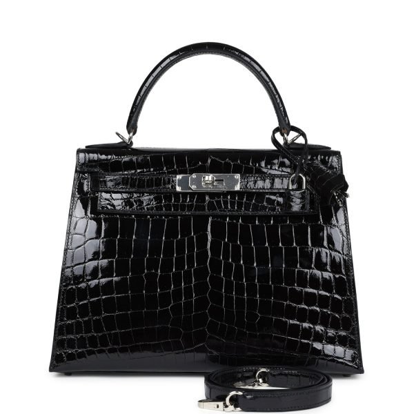 Hermes Kelly Sellier 28 Black Shiny Niloticus Crocodile Palladium Hardware 72963 product photo 1