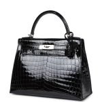 Hermes Kelly Sellier 28 Black Shiny Niloticus Crocodile Palladium Hardware 72963 product photo 3