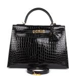 Hermes Kelly Sellier 32 Black Shiny Porosus Crocodile Gold Hardware 72965 product photo 1