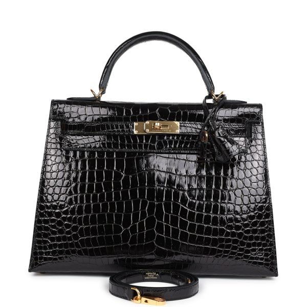 Hermes Kelly Sellier 32 Black Shiny Porosus Crocodile Gold Hardware 72965 product photo 1