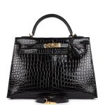 Hermes Kelly Sellier 32 Black Shiny Porosus Crocodile Gold Hardware 72965 product photo 2