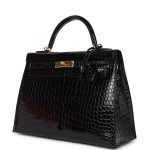 Hermes Kelly Sellier 32 Black Shiny Porosus Crocodile Gold Hardware 72965 product photo 3