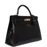 Hermes Kelly Sellier 32 Black Shiny Porosus Crocodile Gold Hardware 72965 product photo 4