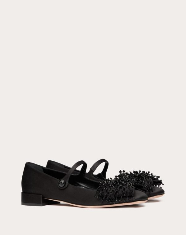 VALENTINO GARAVANI BOWJANE MARY-JANE SATIN BALLERINA WITH FRINGED EMBROIDERY 20MM