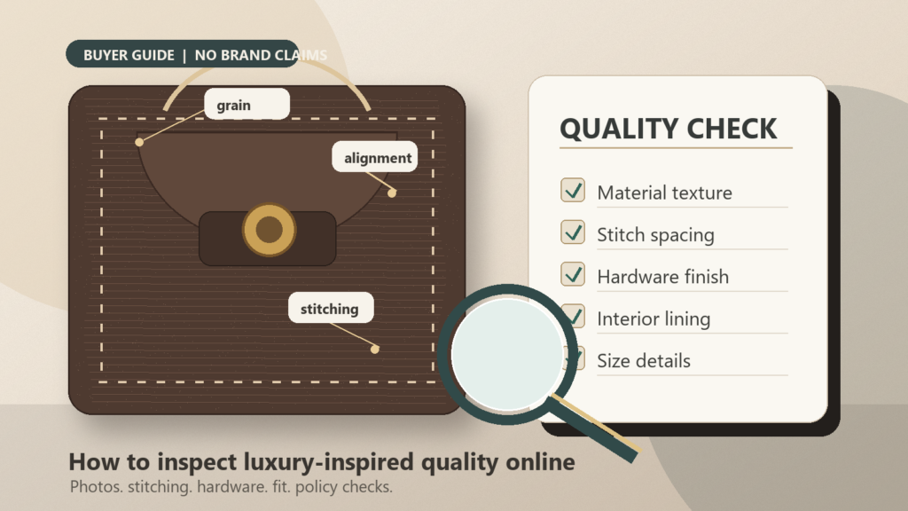 Luxury-inspired accessory quality checklist showing material texture, stitching, hardware, lining, and size checks.