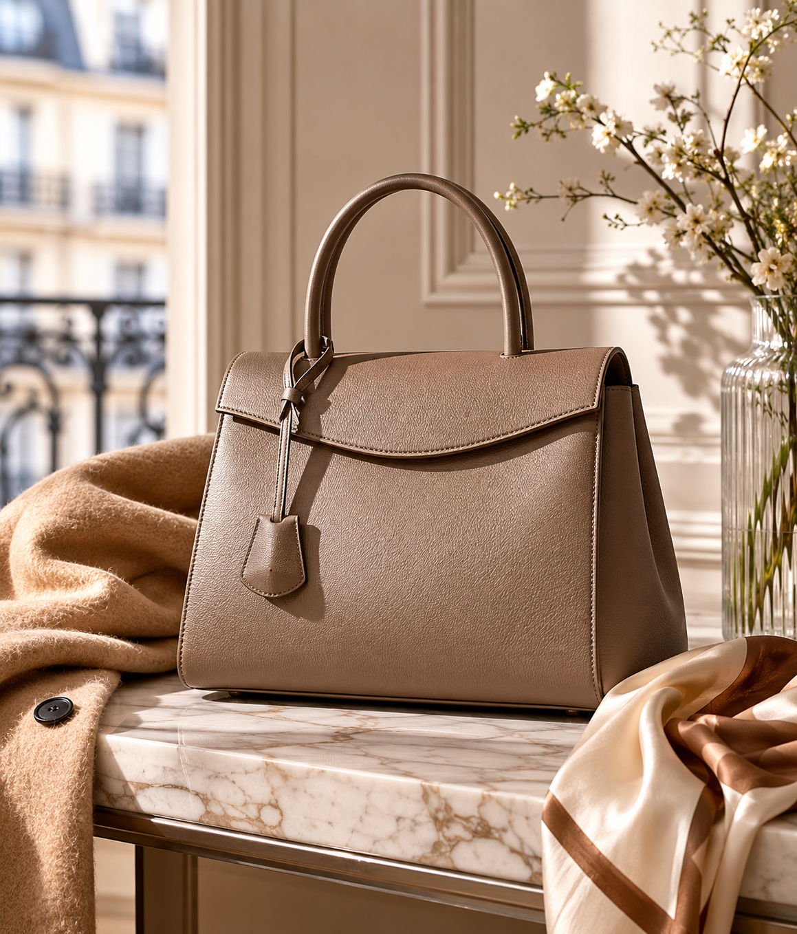 A neutral structured leather handbag styled with a minimalist quiet luxury outfit