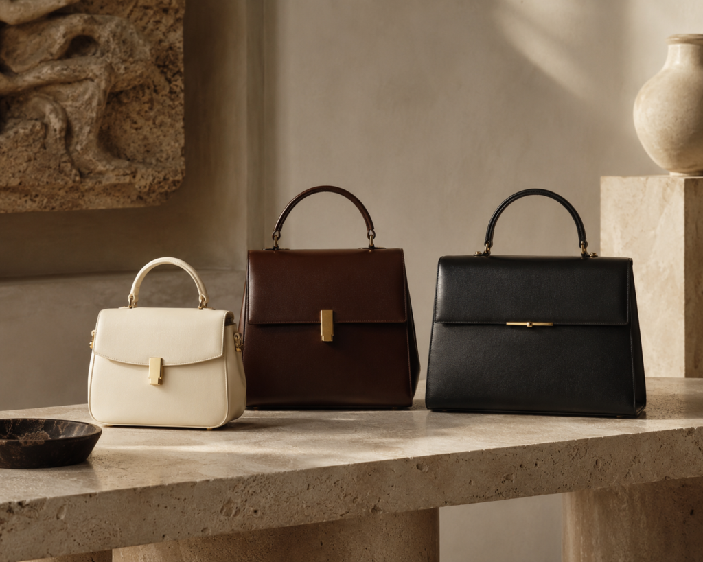 Structured quiet luxury top handle bags in neutral leather