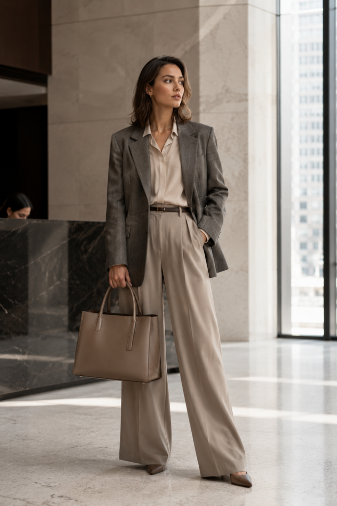 Structured quiet luxury work bag styled with a minimalist office outfit