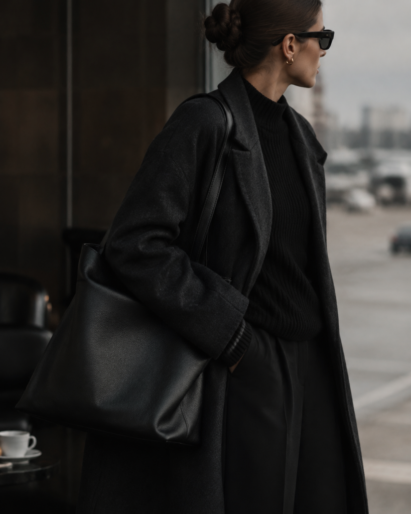 Stealth wealth anonymous luxury bag in black leather