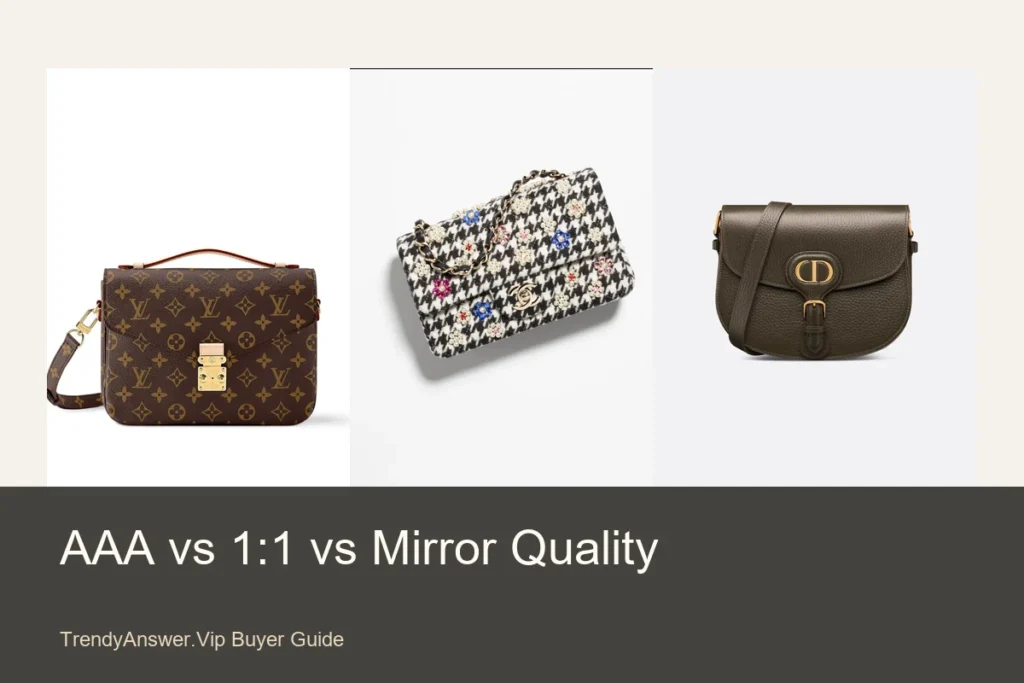 AAA vs 1:1 vs mirror quality bags comparison using luxury-inspired product photo examples.