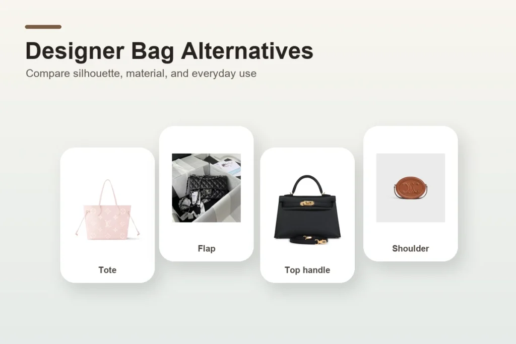 Designer bag alternatives comparison with tote, flap, top handle, and shoulder bag styles.