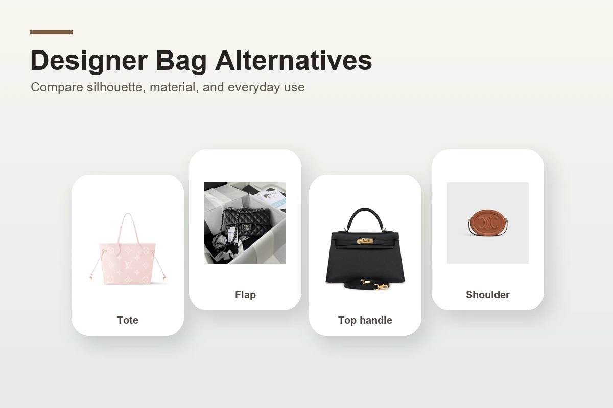 Designer bag alternatives comparison with tote, flap, top handle, and shoulder bag styles.