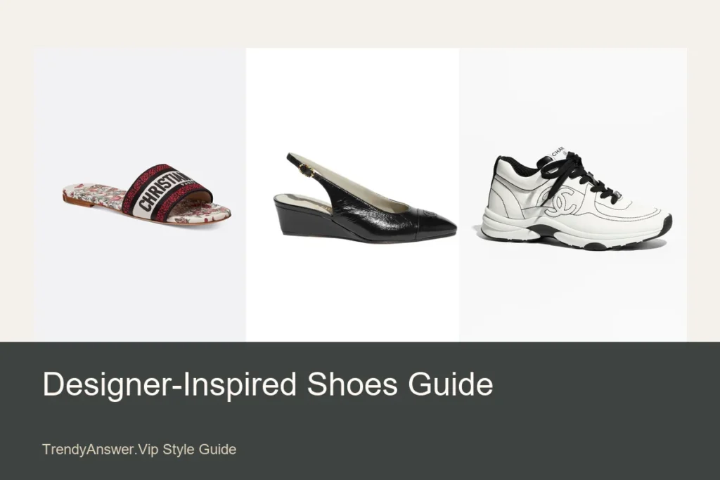 Designer-inspired shoes quality and sizing guide with slides, slingbacks, and sneakers.