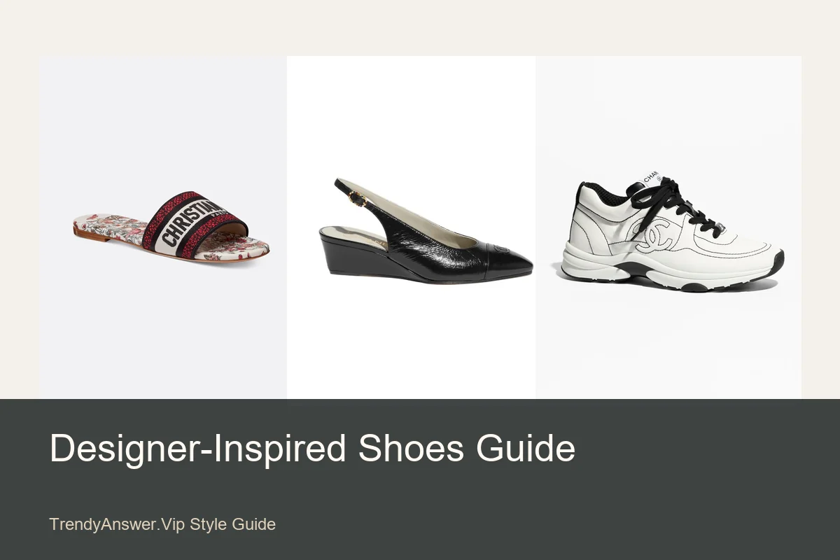 Designer-inspired shoes quality and sizing guide with slides, slingbacks, and sneakers.
