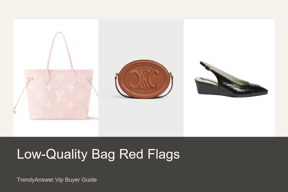 Low-quality bag red flags guide with product detail examples for shape, stitching, hardware, and photo checks.