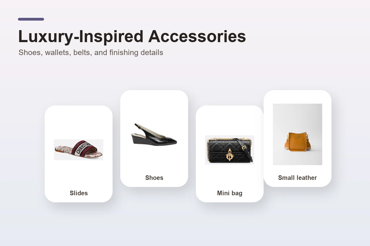 Luxury-inspired accessories guide with slides, shoes, mini bag, and small leather goods.