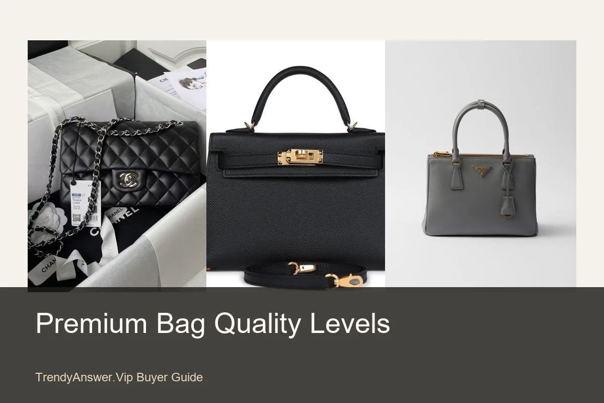 Premium bag quality levels guide with Chanel style, Hermes style, and Prada style product details.