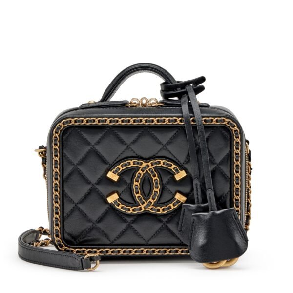 Chanel Black Quilted Goatskin Small CC Filigree Chain Around Vanity Case