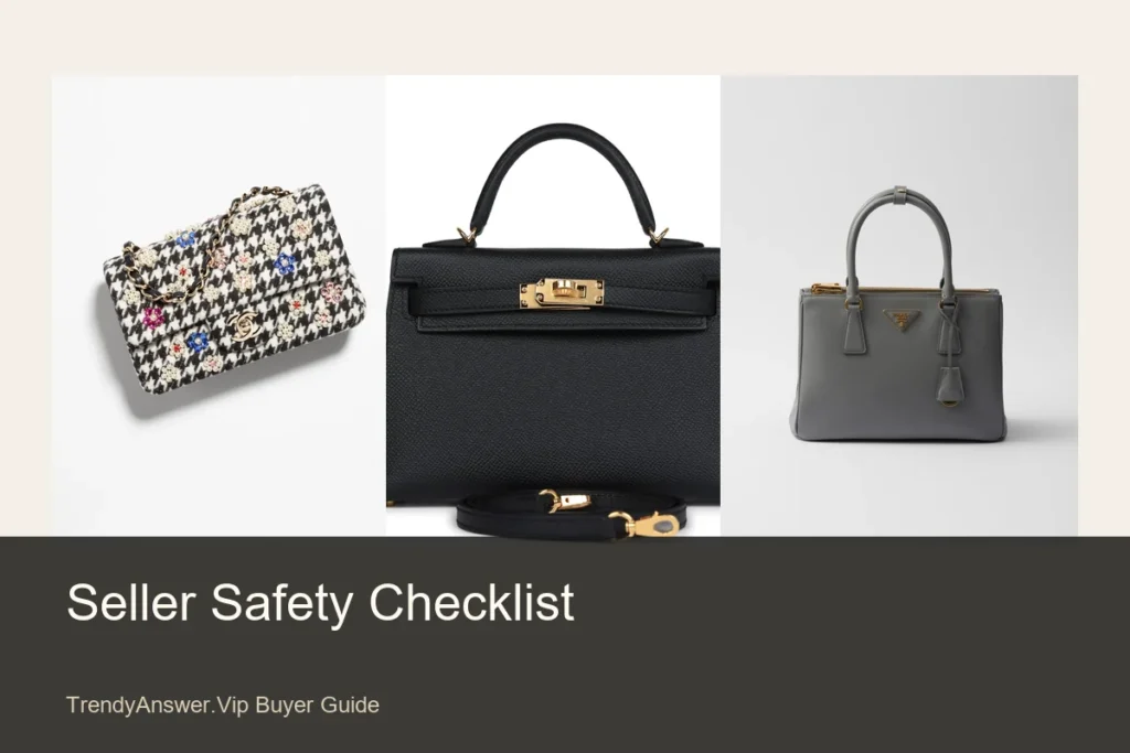 Replica seller safety checklist with handbag detail and photo review examples.